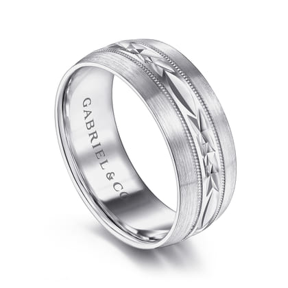 Russell - 14K White Gold 8mm - Engraved Men's Wedding Band in Satin Finish