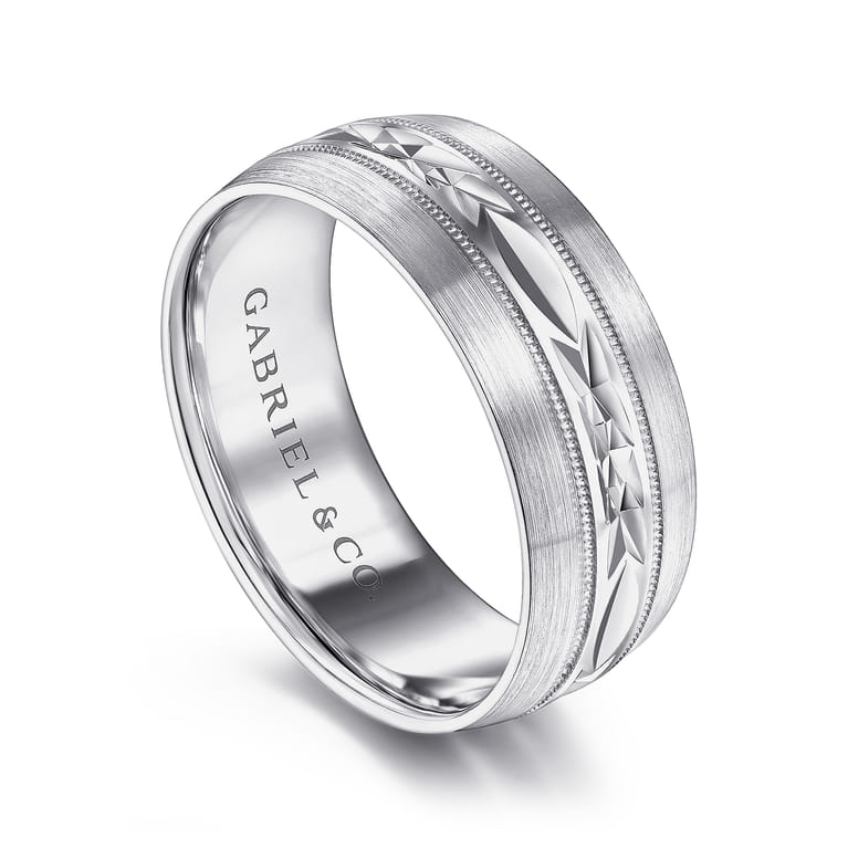 Russell - 14K White Gold 8mm - Engraved Men's Wedding Band in Satin Finish - Shot 3