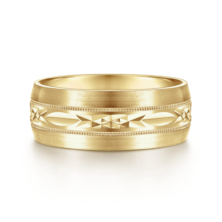 Russell - 14K Yellow Gold 8mm - Engraved Men's Wedding Band in Satin Finish - Shot 1