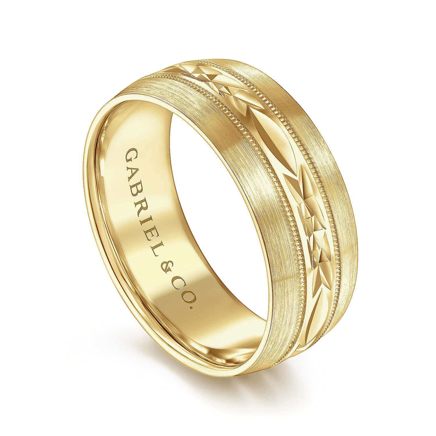 Russell - 14K Yellow Gold 8mm - Engraved Men's Wedding Band in Satin Finish - Shot 3