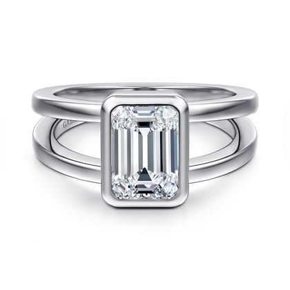 Sami - 14K White Gold Emerald Cut Split Shank Bezel Solitaire Diamond Engagement Ring