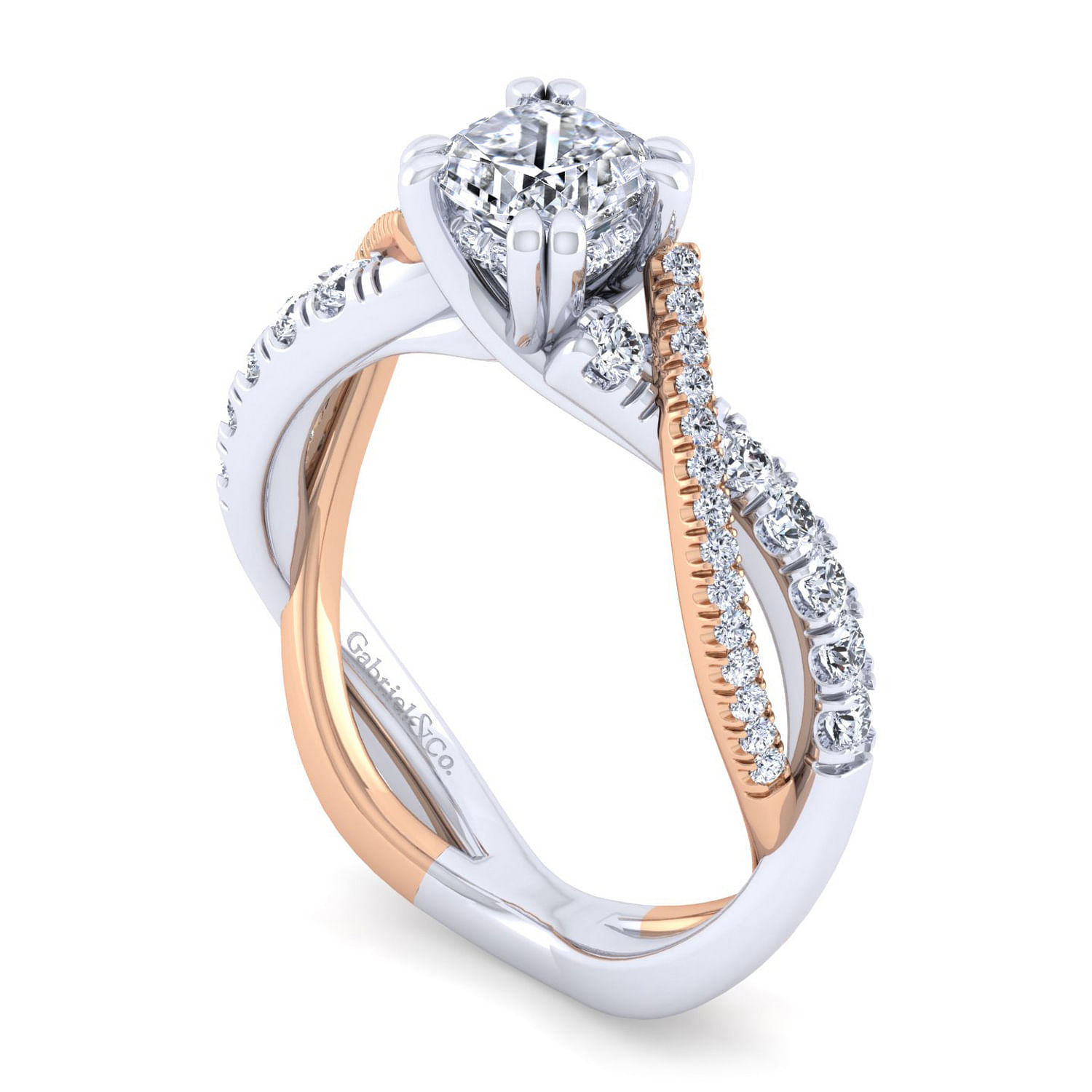 Sandrine - 14K White-Rose Gold Cushion Cut Twisted Diamond Engagement Ring