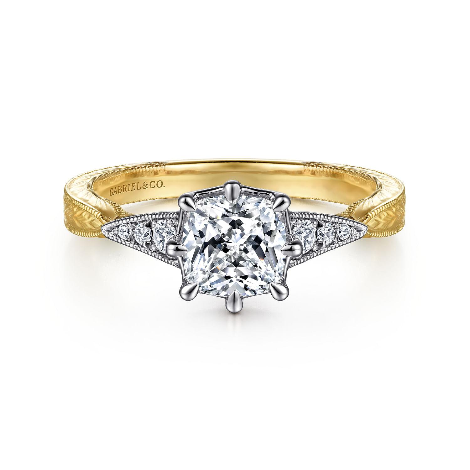 Sanna - Vintage Inspired 14K White-Yellow Gold Cushion Cut Diamond Engagement Ring