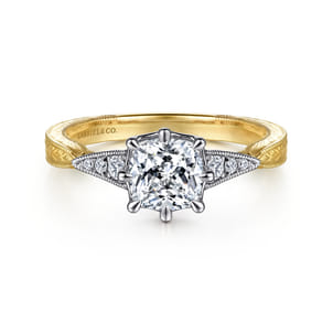 Sanna - Vintage Inspired 14K White-Yellow Gold Cushion Cut Diamond Engagement Ring