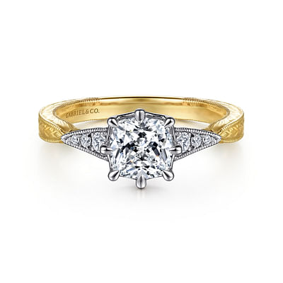 Sanna - Vintage Inspired 14K White-Yellow Gold Cushion Cut Diamond Engagement Ring