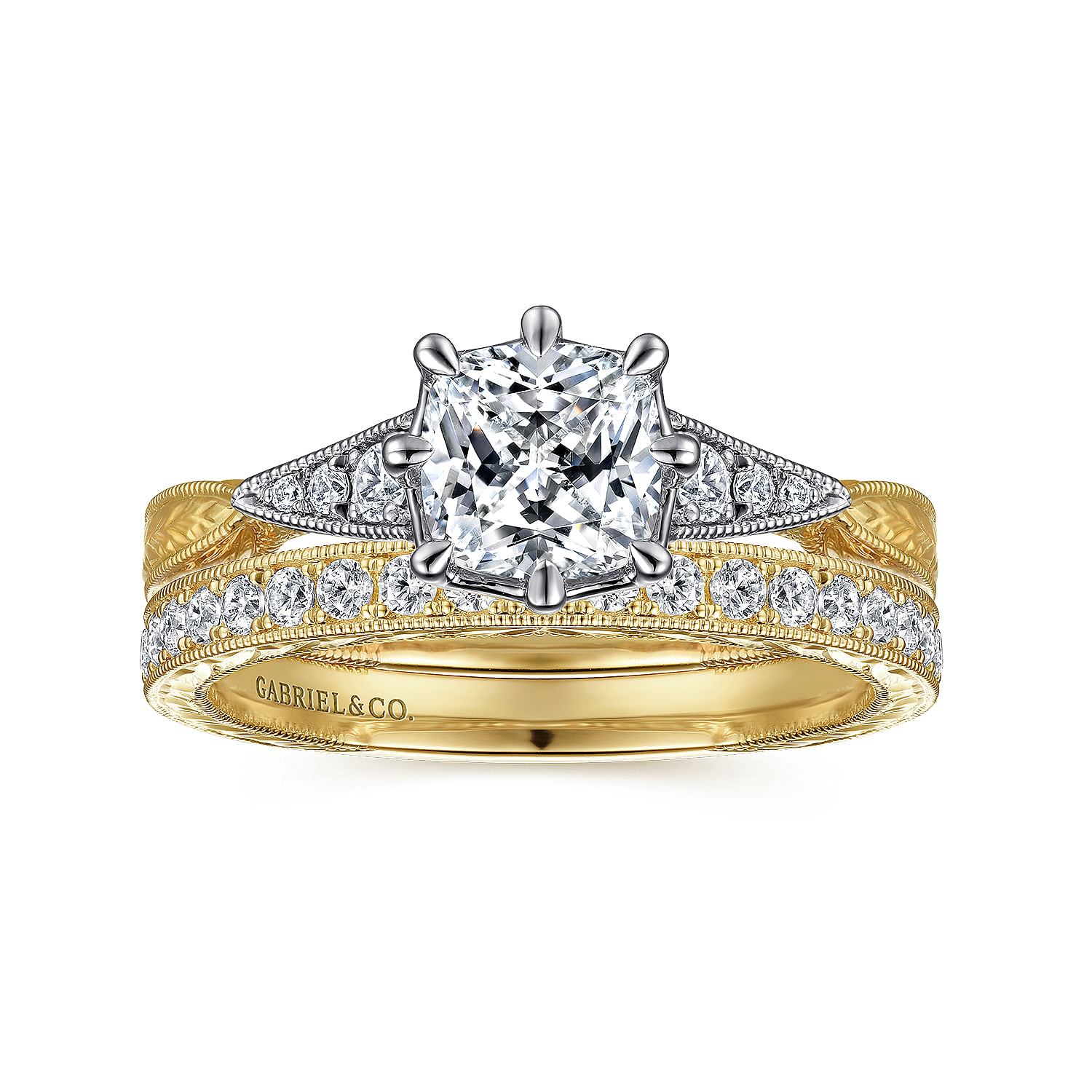 Sanna - Vintage Inspired 14K White-Yellow Gold Cushion Cut Diamond Engagement Ring