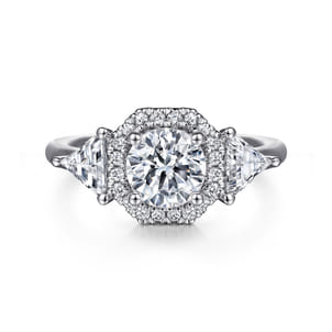 Sara - 14K White Gold Art Deco Inspired Round Three Stone Halo Diamond Engagement Ring