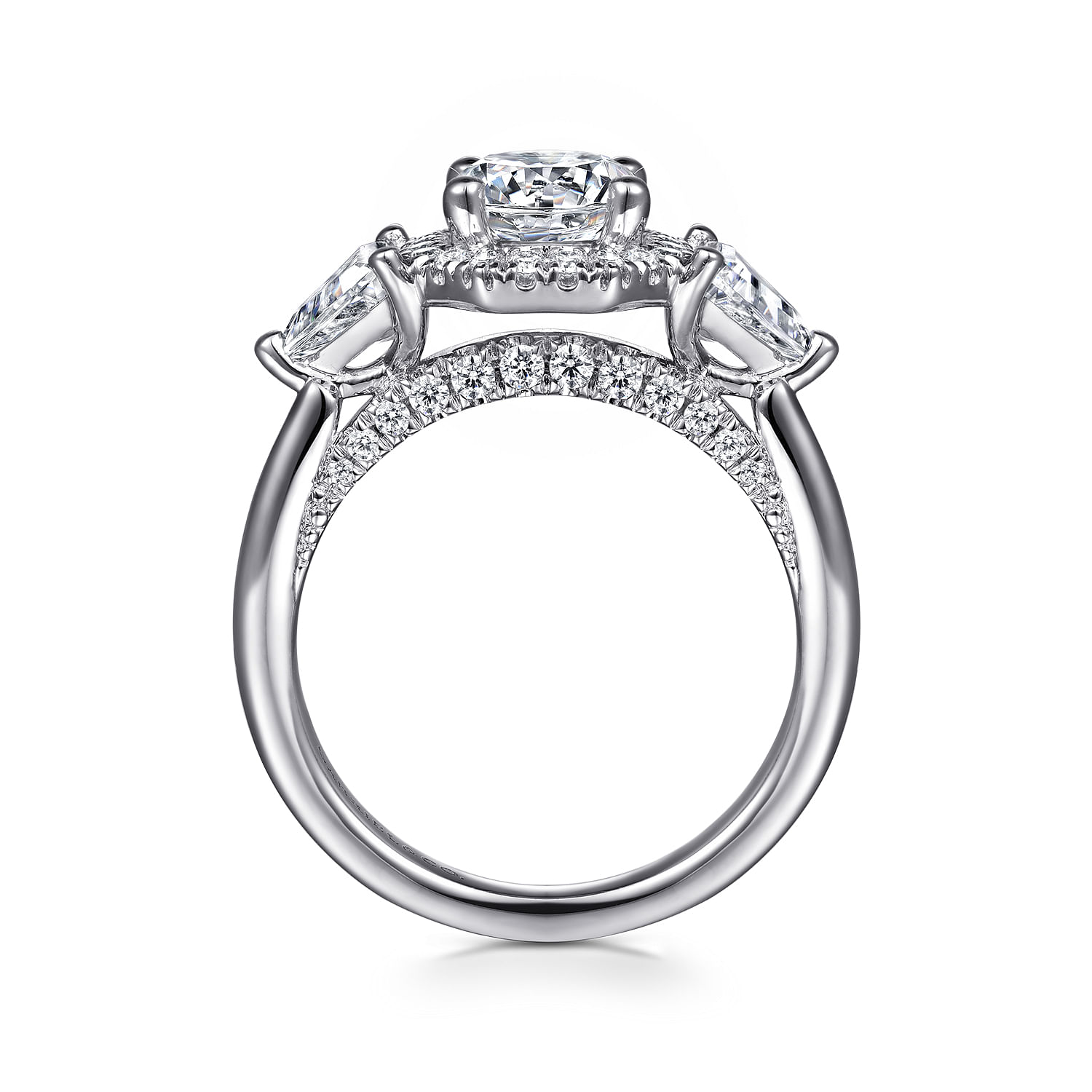 Sara - 14K White Gold Art Deco Inspired Round Three Stone Halo Diamond Engagement Ring