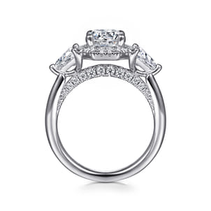 Sara - 14K White Gold Art Deco Inspired Round Three Stone Halo Diamond Engagement Ring