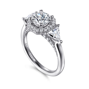Sara - 14K White Gold Art Deco Inspired Round Three Stone Halo Diamond Engagement Ring