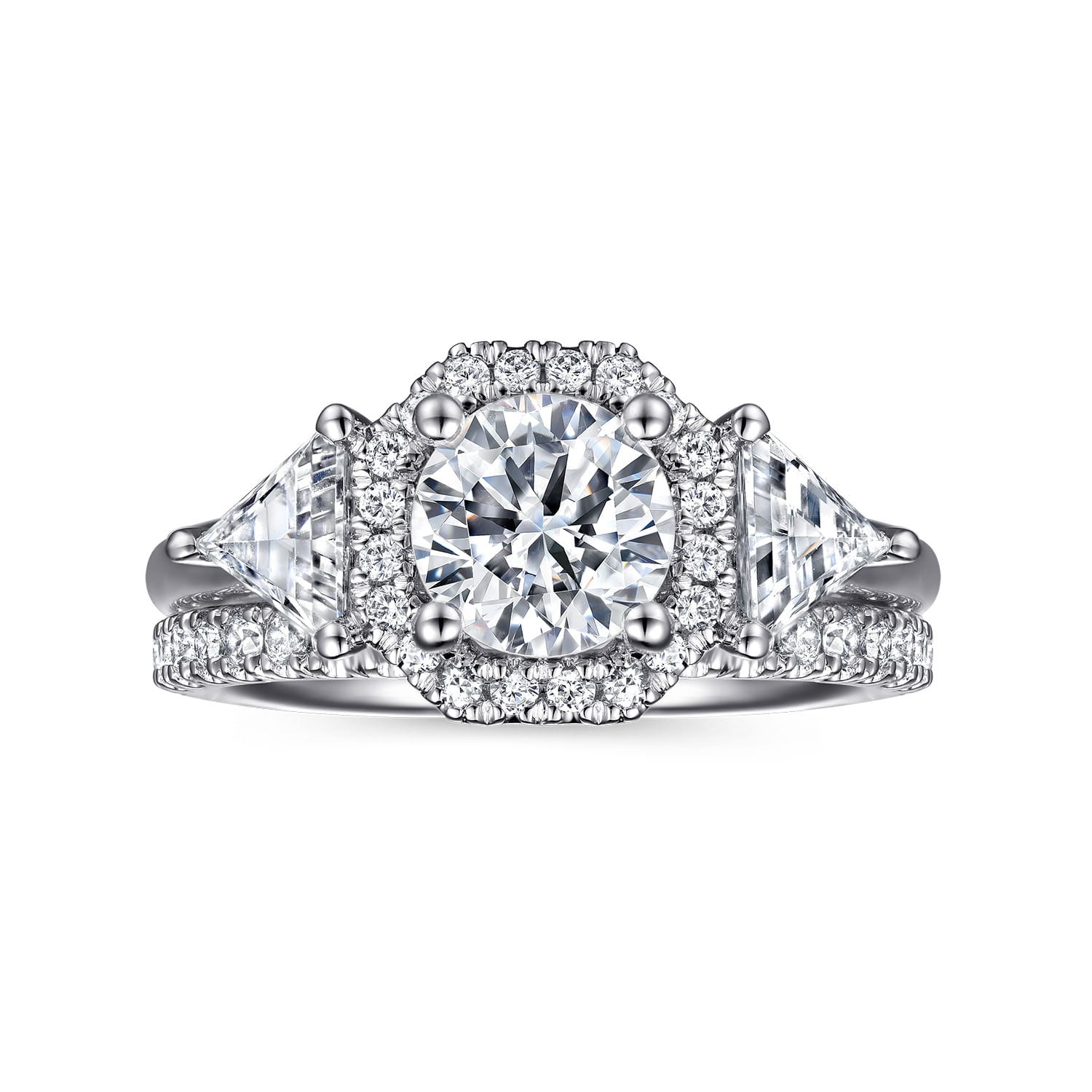 Sara - 14K White Gold Art Deco Inspired Round Three Stone Halo Diamond Engagement Ring
