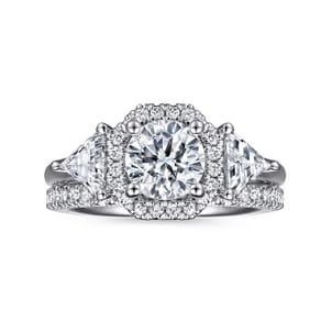 Sara - 14K White Gold Art Deco Inspired Round Three Stone Halo Diamond Engagement Ring