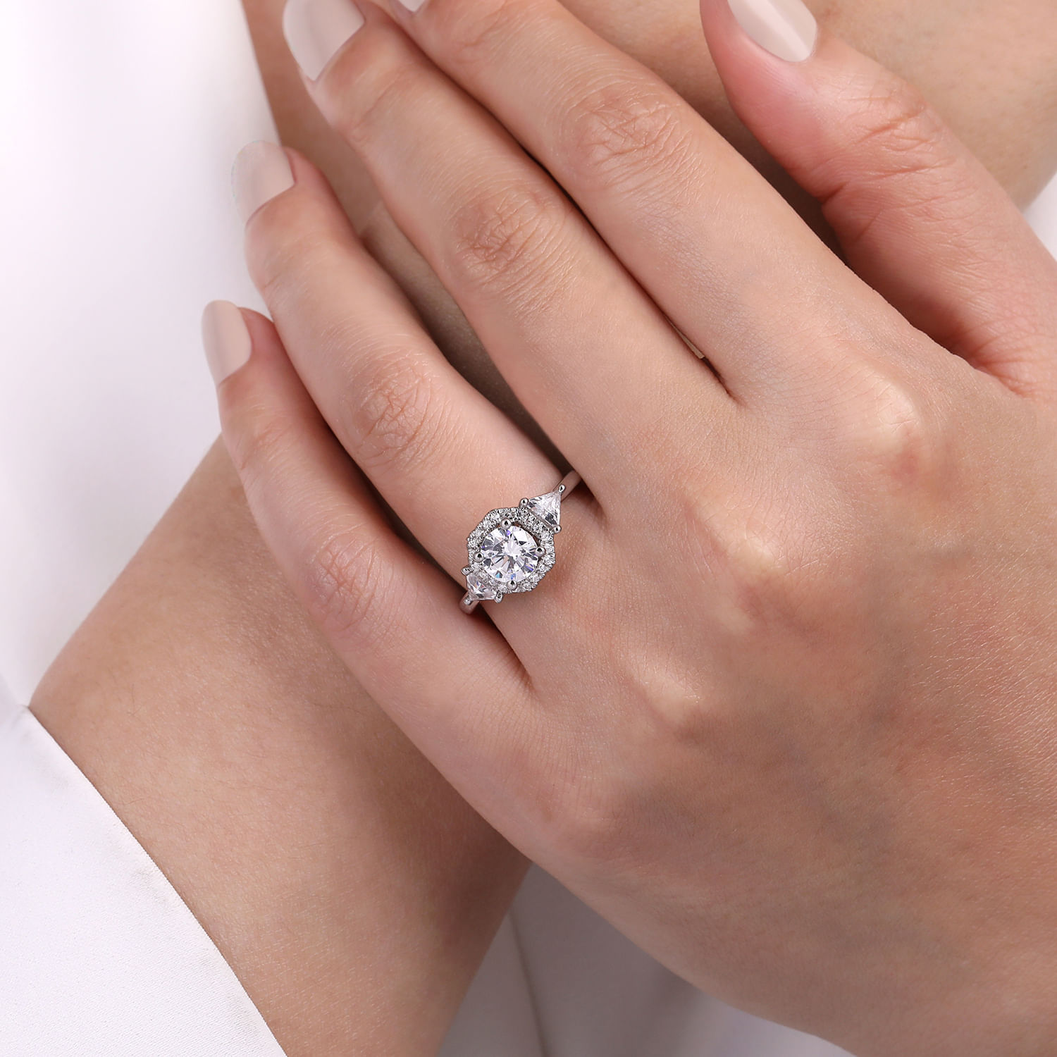 Sara - 14K White Gold Art Deco Inspired Round Three Stone Halo Diamond Engagement Ring