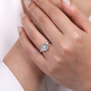 Sara - 14K White Gold Art Deco Inspired Round Three Stone Halo Diamond Engagement Ring