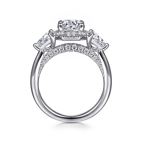 Sara - Art Deco Inspired 14K White Gold Round Three Stone Halo Diamond Engagement Ring - 0.78 ct - Shot 2