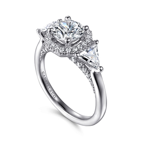 Sara - Art Deco Inspired 14K White Gold Round Three Stone Halo Diamond Engagement Ring - 0.78 ct - Shot 3