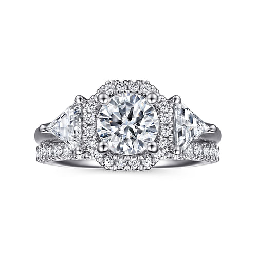 Sara - Art Deco Inspired 14K White Gold Round Three Stone Halo Diamond Engagement Ring - 0.78 ct - Shot 4