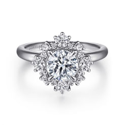 14K White Gold Bursting Halo Round Diamond Engagement Ring
