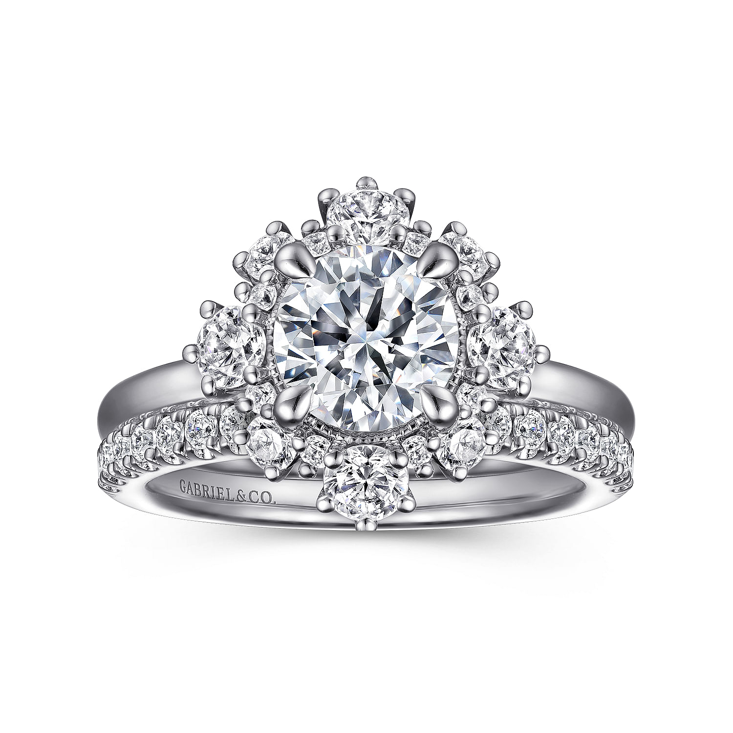 Saralynn - 14K White Gold Bursting Halo Round Diamond Engagement Ring