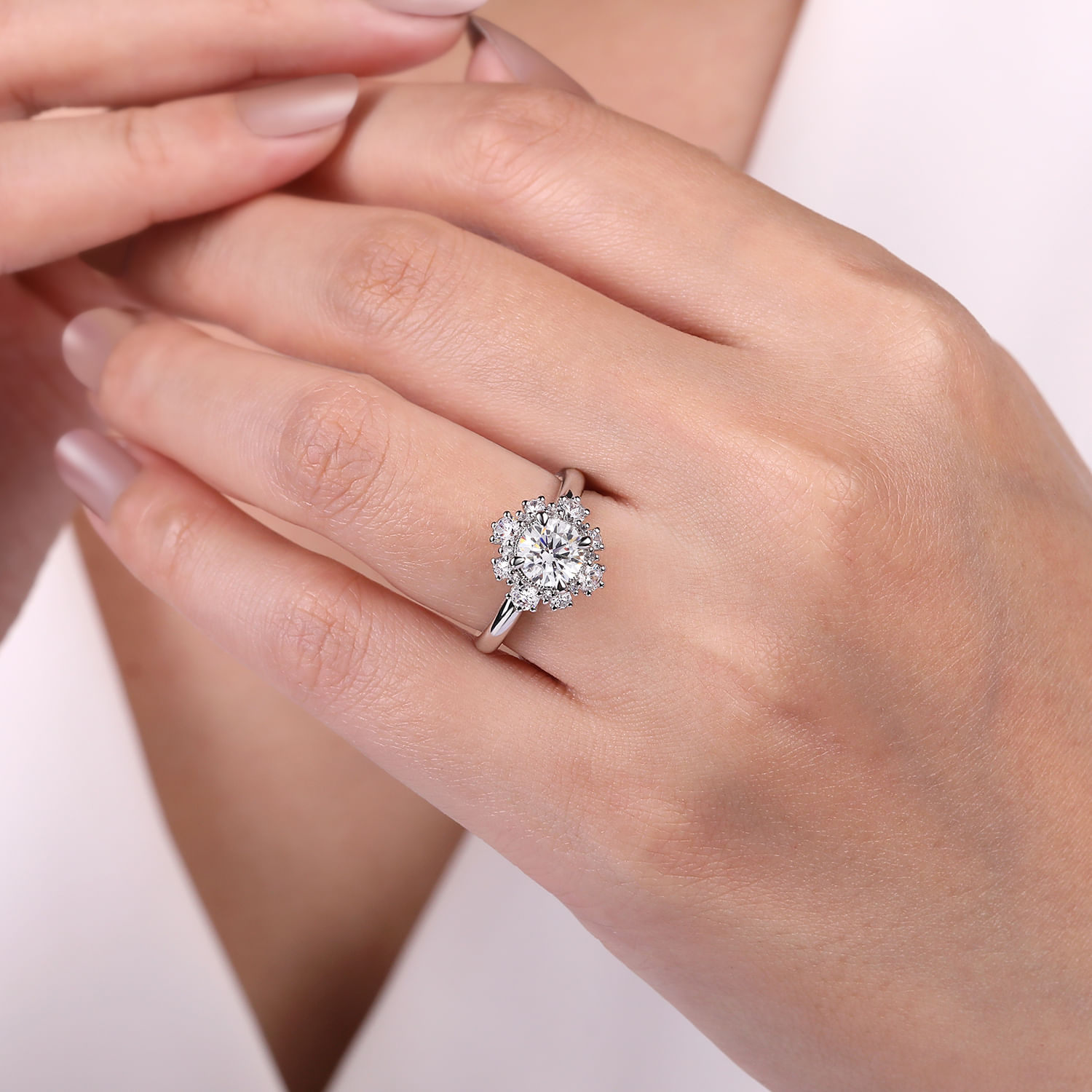 Saralynn - 14K White Gold Bursting Halo Round Diamond Engagement Ring