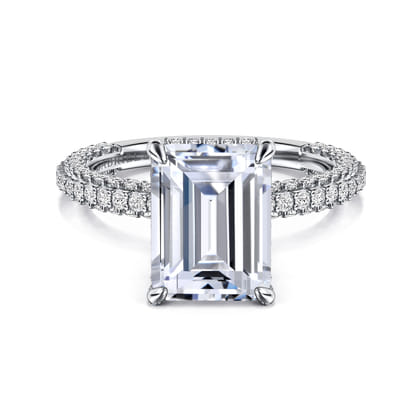 Satin - 14K White Gold Emerald Cut Diamond Halo Engagement Ring