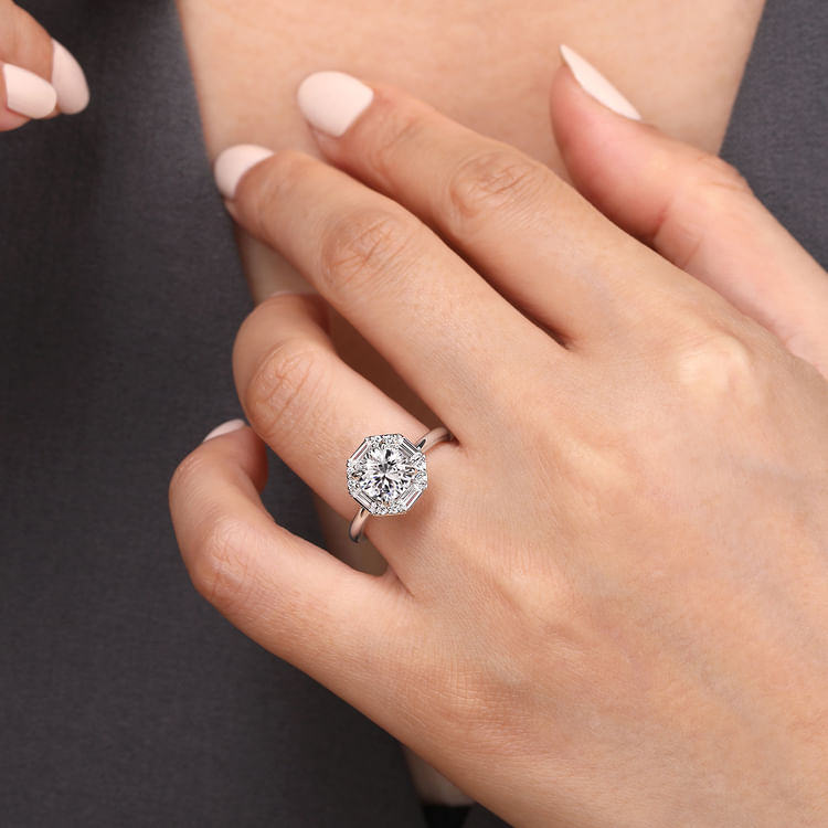 Seina - 14K White Gold Octagonal Hidden Halo Diamond Engagement Ring