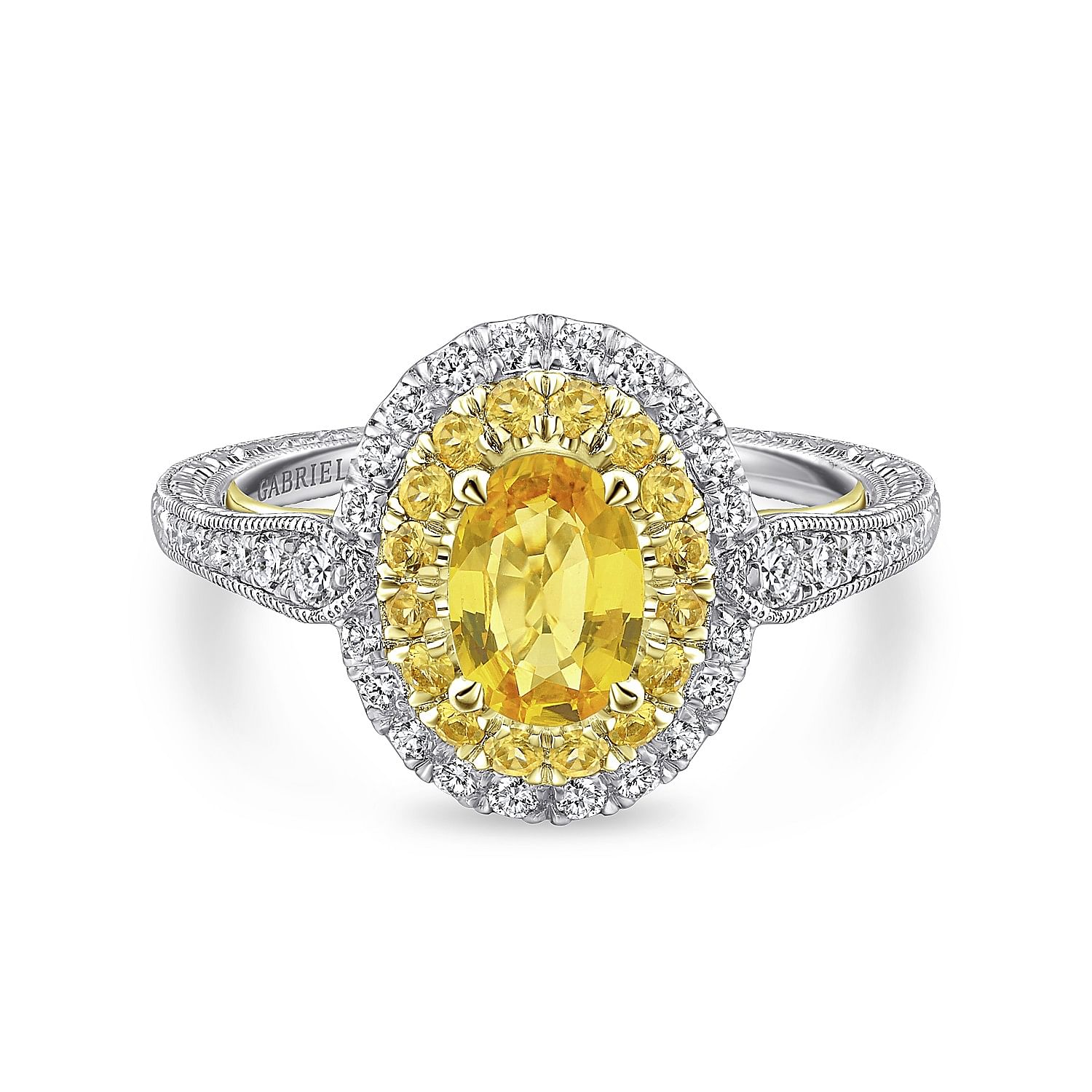 Sena - 14K White-Yellow Gold Oval Double Halo Diamond and Yellow Sapphire Engagement Ring