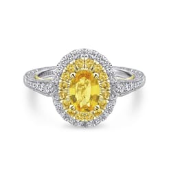 Sena - 14K White-Yellow Gold Oval Double Halo Diamond and Yellow Sapphire Engagement Ring