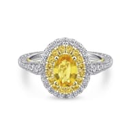 Sena - 14K White-Yellow Gold Oval Double Halo Diamond and Yellow Sapphire Engagement Ring