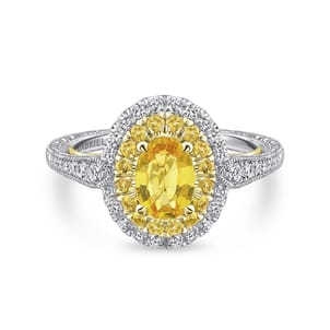 Sena - 14K White-Yellow Gold Oval Double Halo Diamond and Yellow Sapphire Engagement Ring