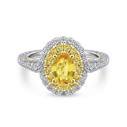 Sena - 14K White-Yellow Gold Oval Double Halo Diamond and Yellow Sapphire Engagement Ring