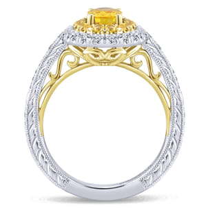 Sena - 14K White-Yellow Gold Oval Double Halo Diamond and Yellow Sapphire Engagement Ring