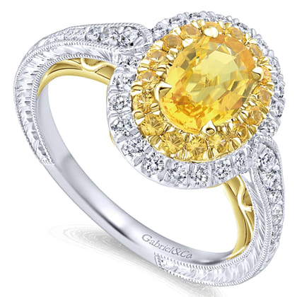 Sena - 14K White-Yellow Gold Oval Double Halo Diamond and Yellow Sapphire Engagement Ring