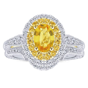Sena - 14K White-Yellow Gold Oval Double Halo Diamond and Yellow Sapphire Engagement Ring