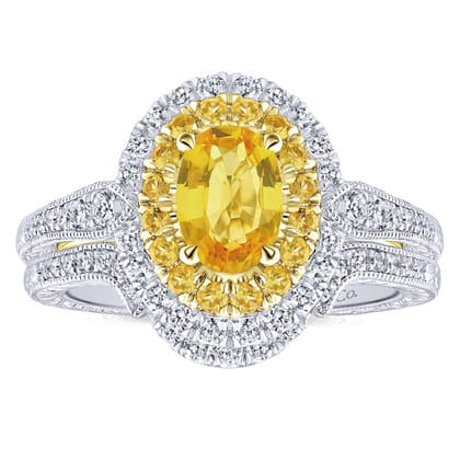 Sena - 14K White-Yellow Gold Oval Double Halo Diamond and Yellow Sapphire Engagement Ring