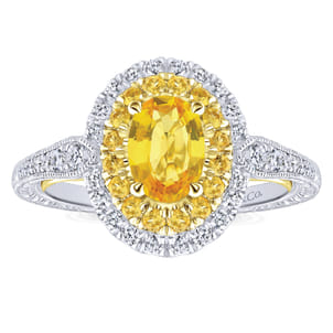 Sena - 14K White-Yellow Gold Oval Double Halo Diamond and Yellow Sapphire Engagement Ring