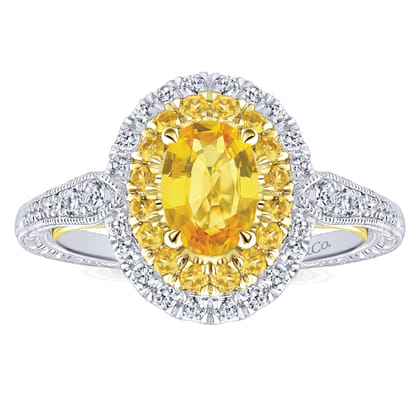 Sena - 14K White-Yellow Gold Oval Double Halo Diamond and Yellow Sapphire Engagement Ring
