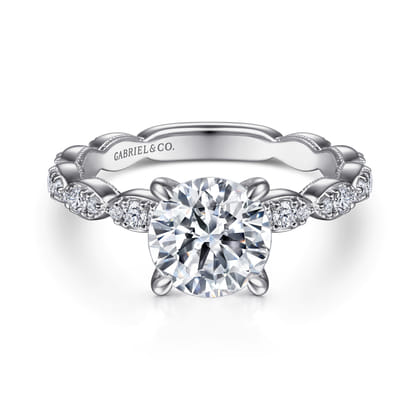 Senia - Vintage Inspired 14K White Gold Round Diamond Engagement Ring