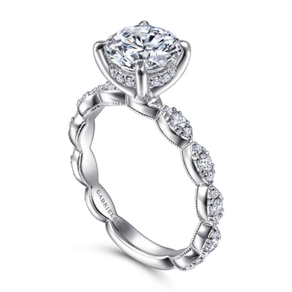 Senia - Vintage Inspired 14K White Gold Round Diamond Engagement Ring