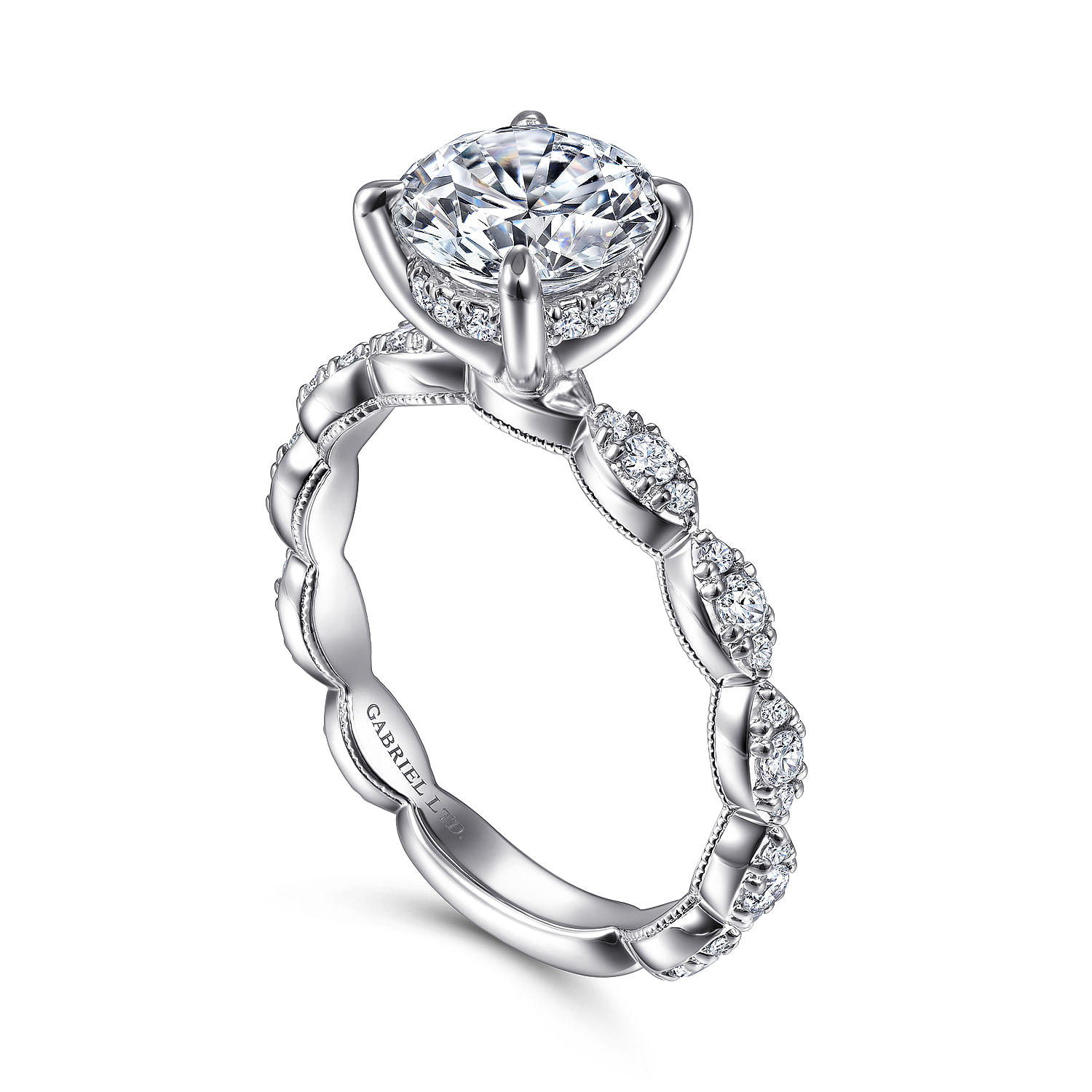 Senia - Vintage Inspired 18K White Gold Round Diamond Engagement Ring