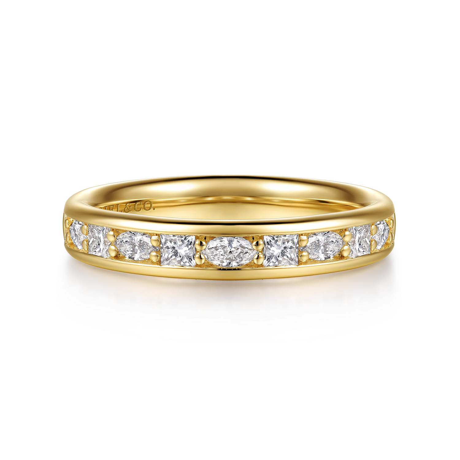 Straight Wedding Ring in 14k Yellow Gold with Marquise Natural Diamond at Gabriel & Co. - Shot 1