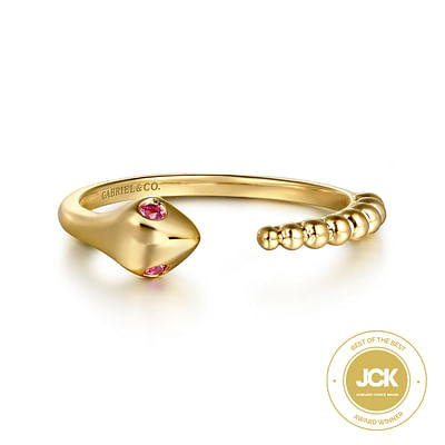 Serpentina - 14K Yellow Gold Bujukan And Ruby Snake Open Ring