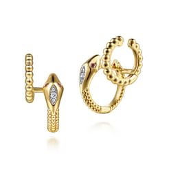 14K Yellow Gold Bujukan Diamond and Ruby Snake Stuggies Earrings