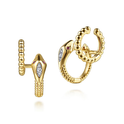 Serpentina - 14K Yellow Gold Bujukan Diamond and Ruby Snake Stuggies Earrings