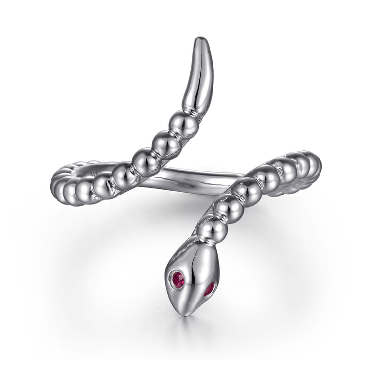 Serpentina - 925 Sterling Silver Snake Bujukan Ruby Bypass Ring - Shot 1
