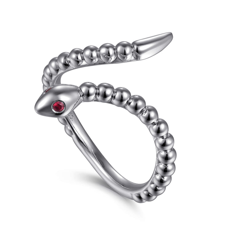 Serpentina - 925 Sterling Silver Snake Bujukan Ruby Bypass Ring - Shot 3