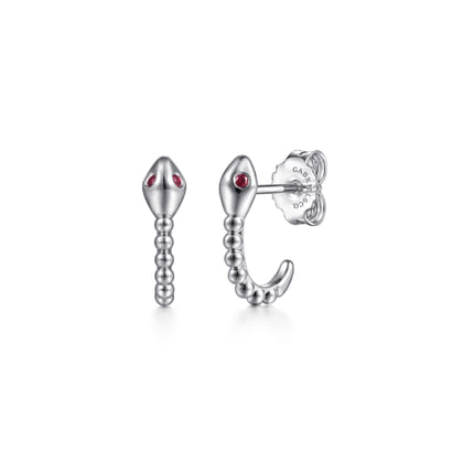 Serpentina - 925 Sterling Silver Snake Bujukan Ruby J Hoop Stud Earrings