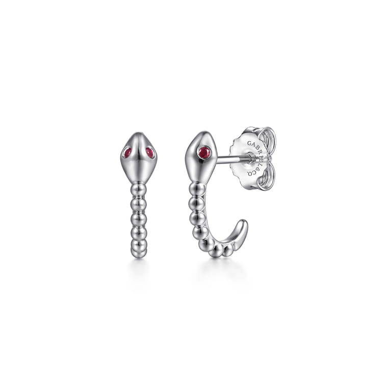 Serpentina - 925 Sterling Silver Snake Bujukan Ruby J Hoop Stud Earrings - Shot 1