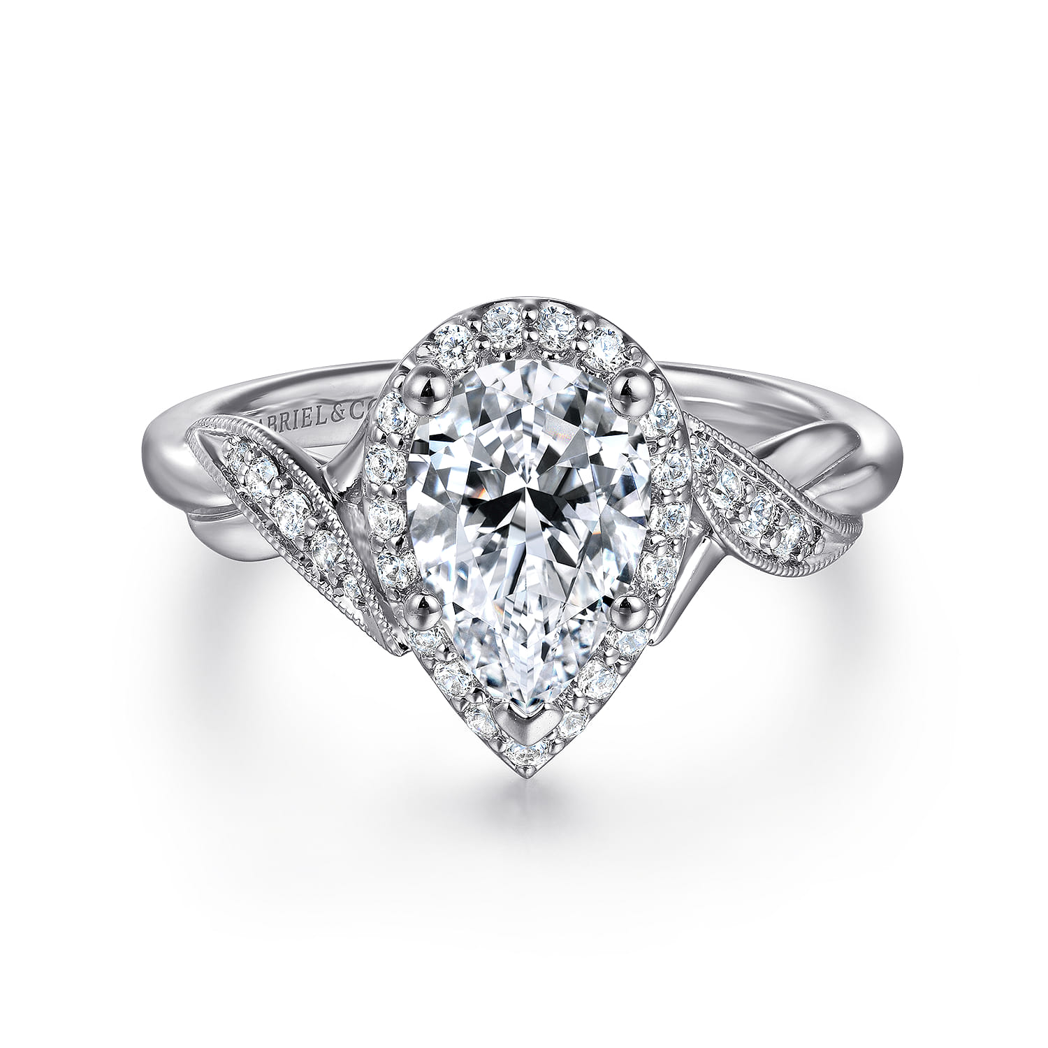 Shae - Vintage Inspired 14K White Gold Pear Shape Halo Diamond Engagement Ring