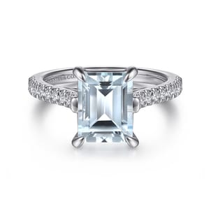 Shayanne - 14K White Gold Emerald Cut Aquamarine and Diamond Engagement Ring